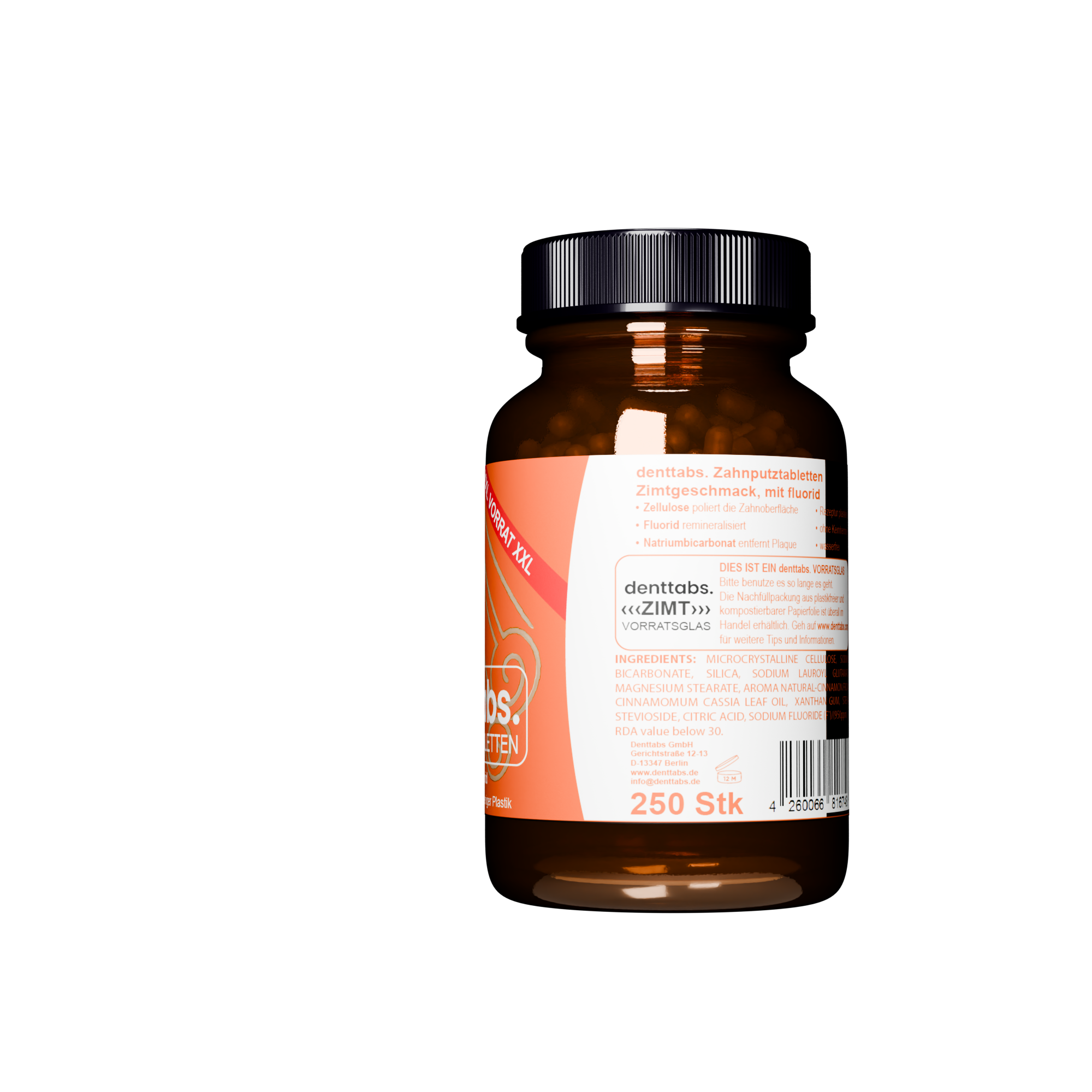 denttabs Zahnputztabletten mit leckerem Zimtgeschmack im xxl Glas 250 Stk fluoridfrei