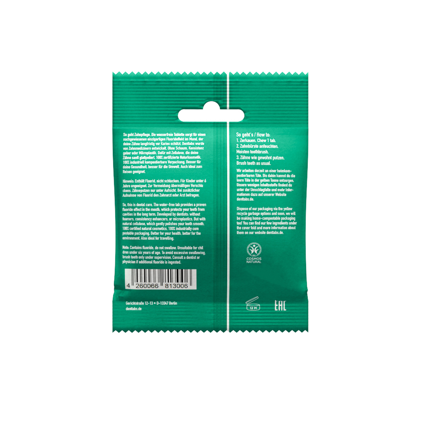 Denttabs Zahnputztabletten Mint fluoridfrei rückansicht für nachhaltige Zahnpflege.