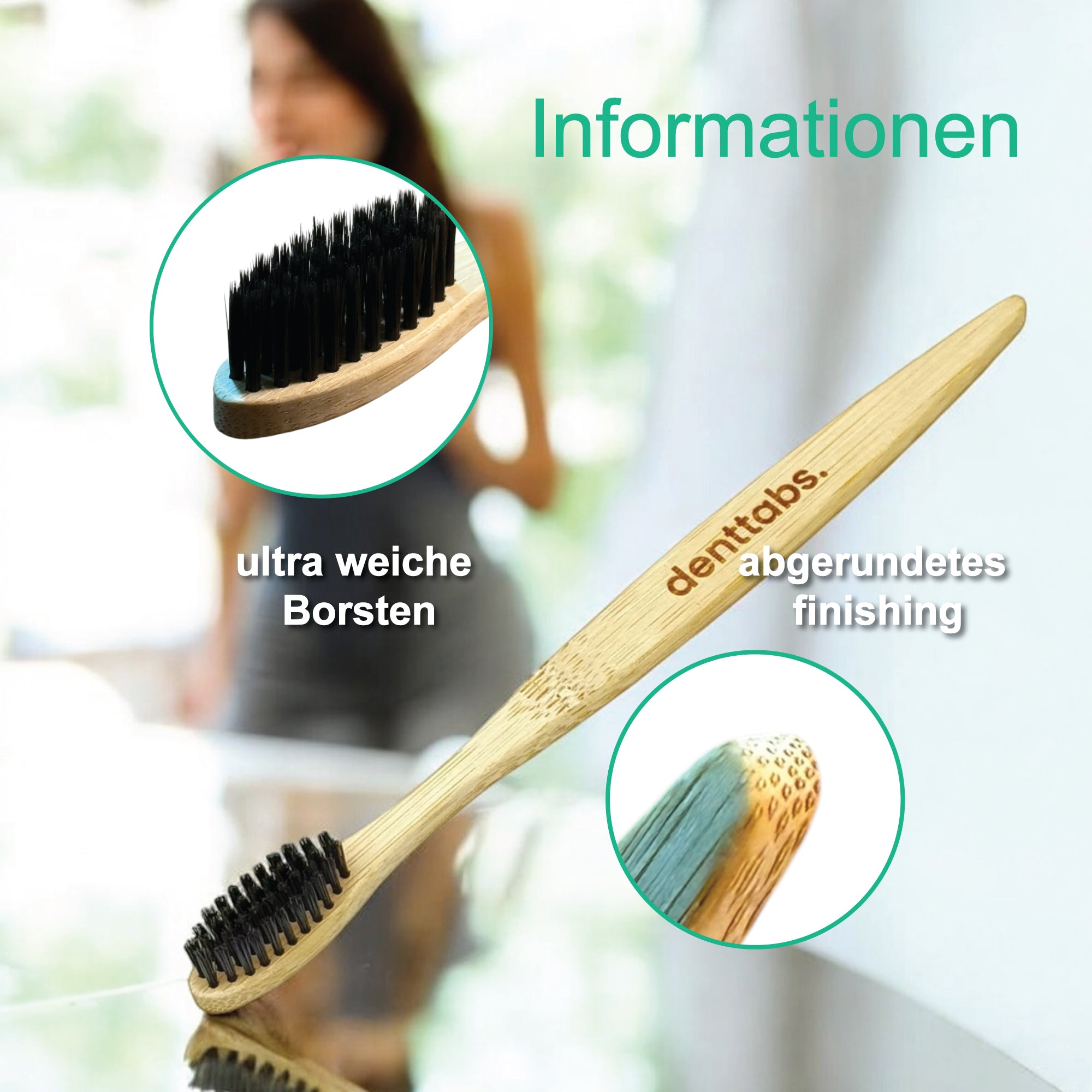 Die Denttabs Bambuszahnbüste hat ultra weiche und feine schwarze Borsten und dazu ein abgerundetes finishing beim Griff
