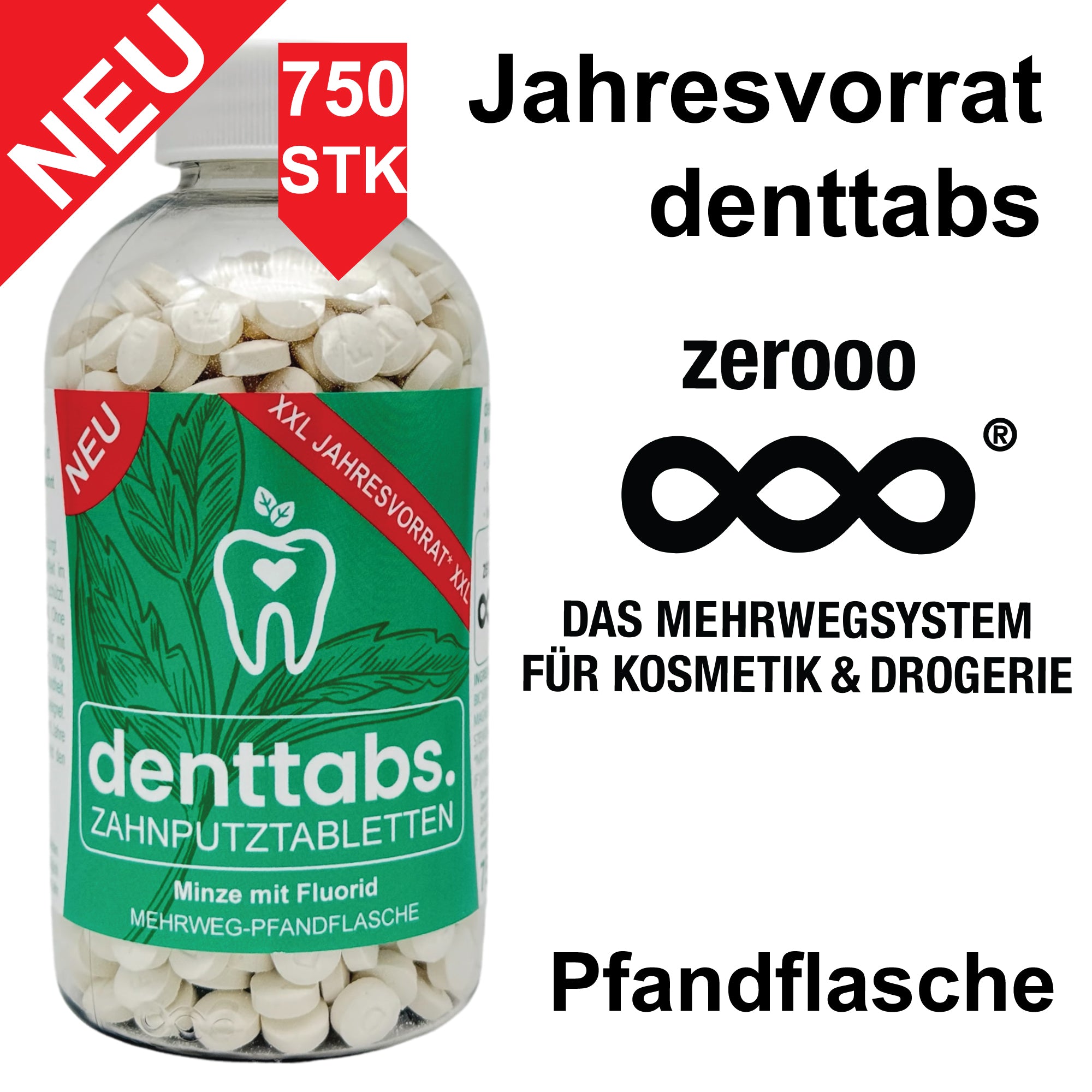 Denttabs Jahresvorrat Mint mit Fluorid in nachhaltiger Verpackung.