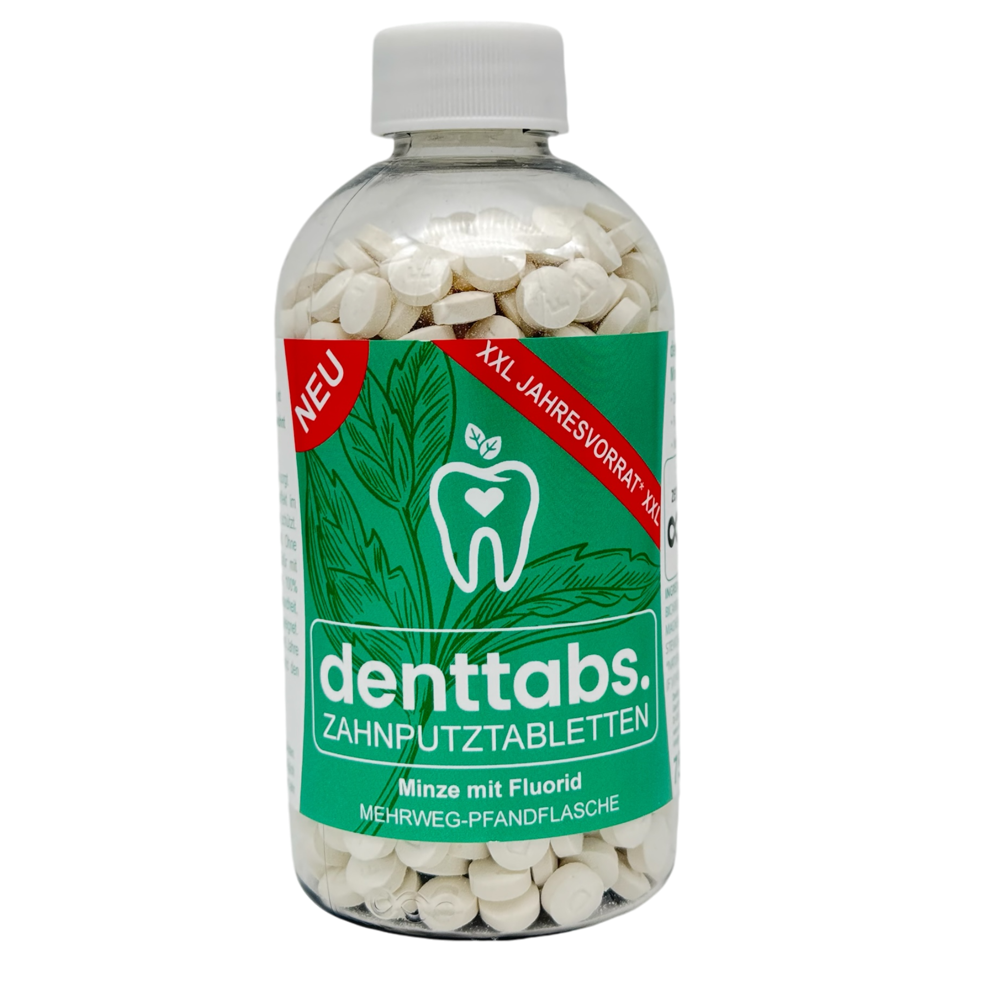 Denttabs Jahresvorrat Mint mit Fluorid in nachhaltiger Verpackung.
