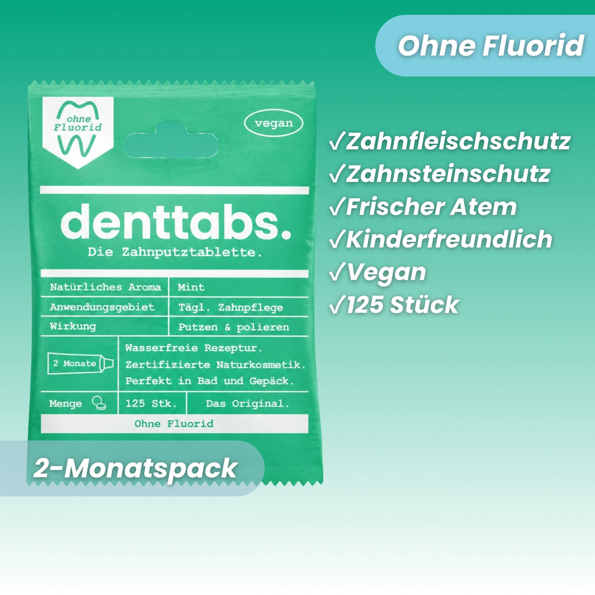 Denttabs Toothpaste Tablets Mint Fluoride-Free 125 pcs