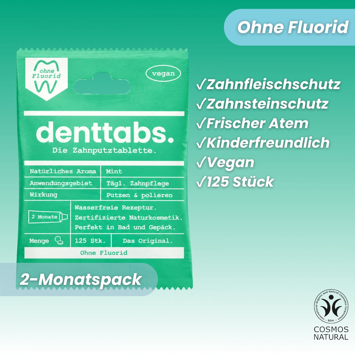 Denttabs Toothpaste Tablets Mint Fluoride-Free 125 pcs