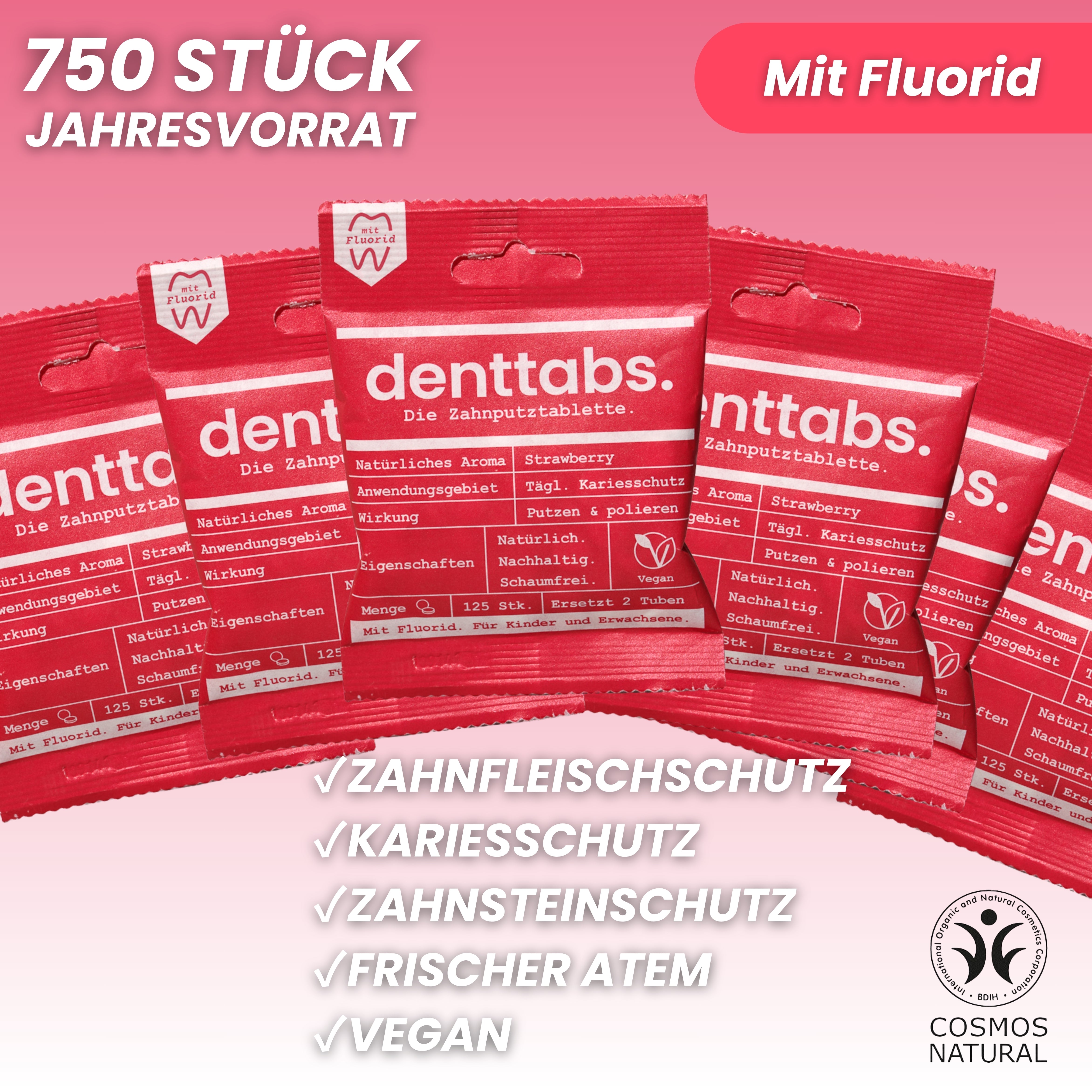 Denttabs Strawberry mit Fluorid Jahresvorrat