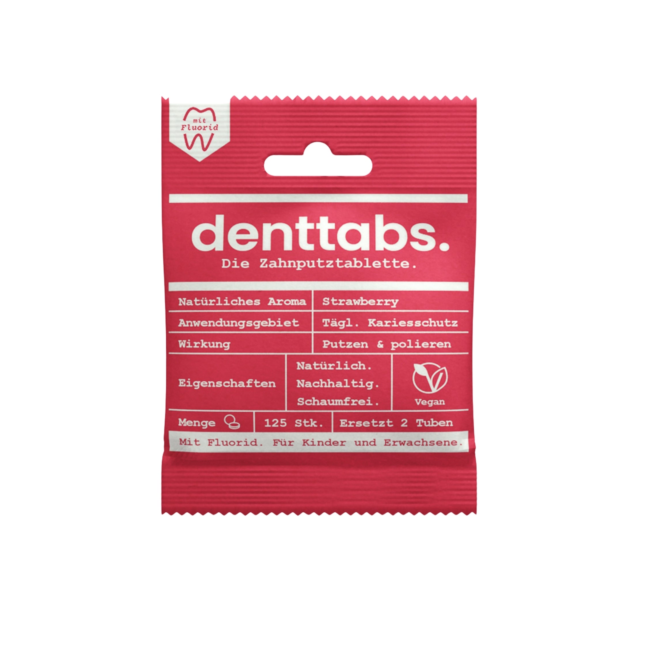 Denttabs Zahnputztabletten Strawberry mit Fluorid für nachhaltige Zahnpflege.