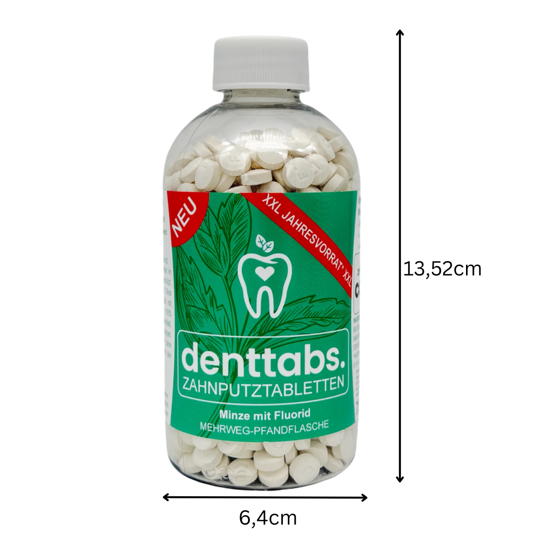 Denttabs Jahresvorrat Mint mit Fluorid in nachhaltiger Verpackung.