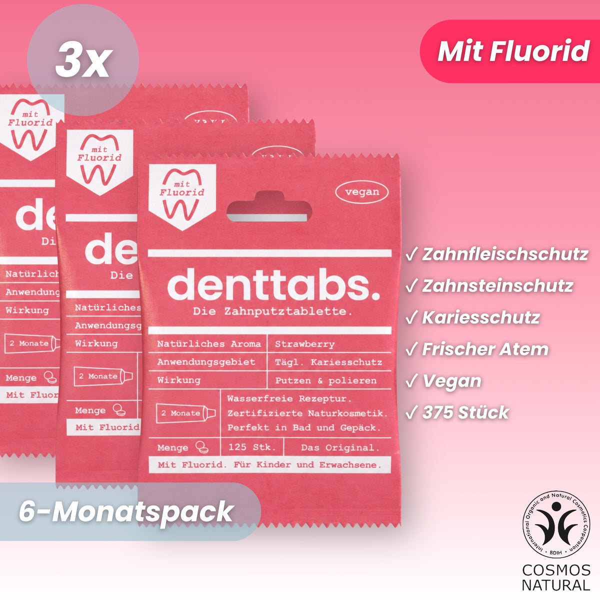 Denttabs Strawberry with Fluoride Six-Month Supply