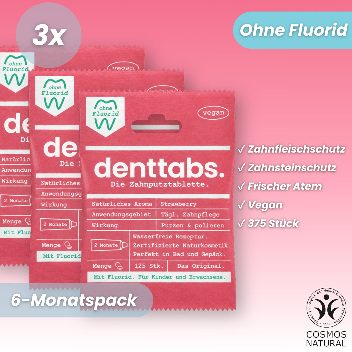 Denttabs Strawberry Fluoride-Free Six-Month Supply
