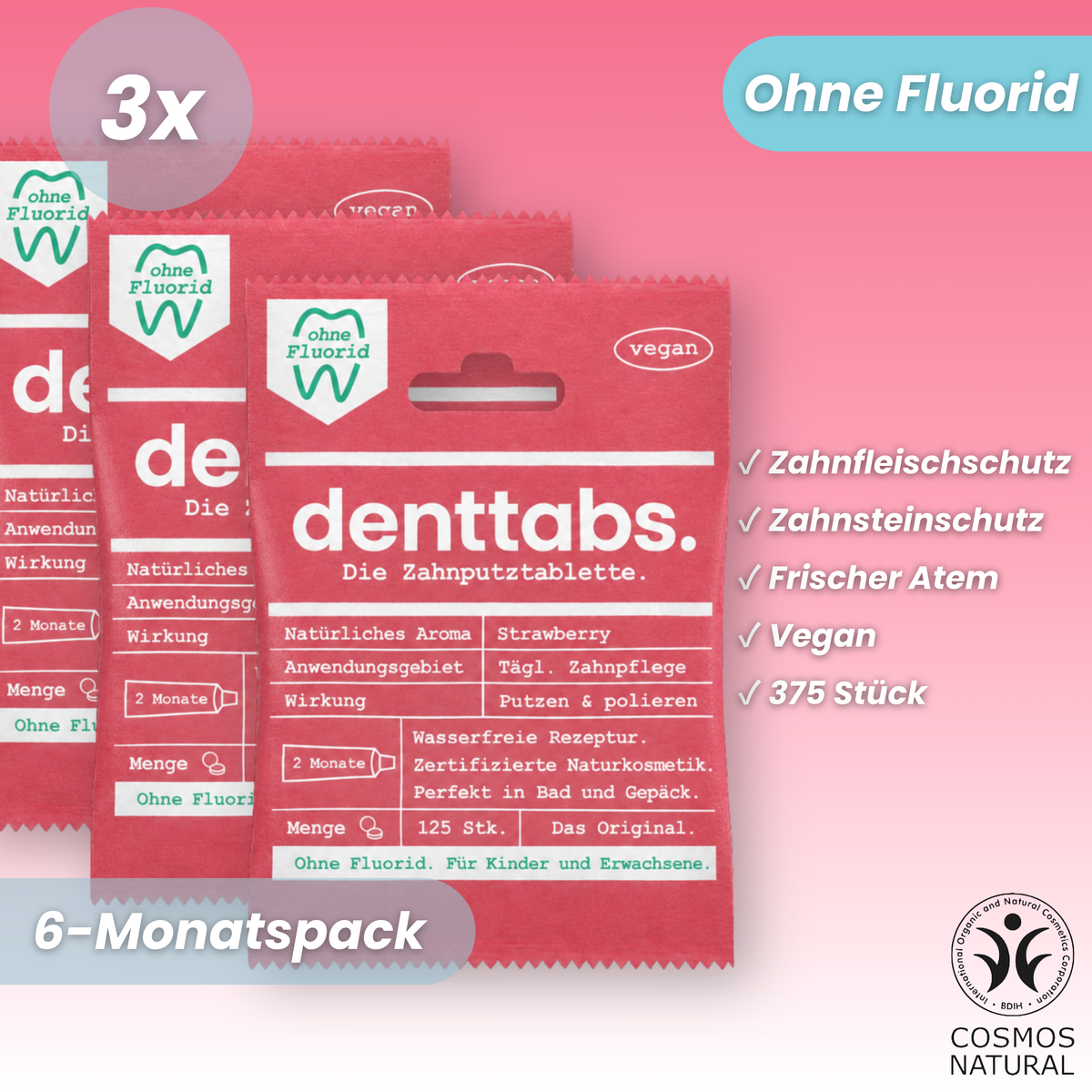 Denttabs Strawberry Fluoride-Free Six-Month Supply