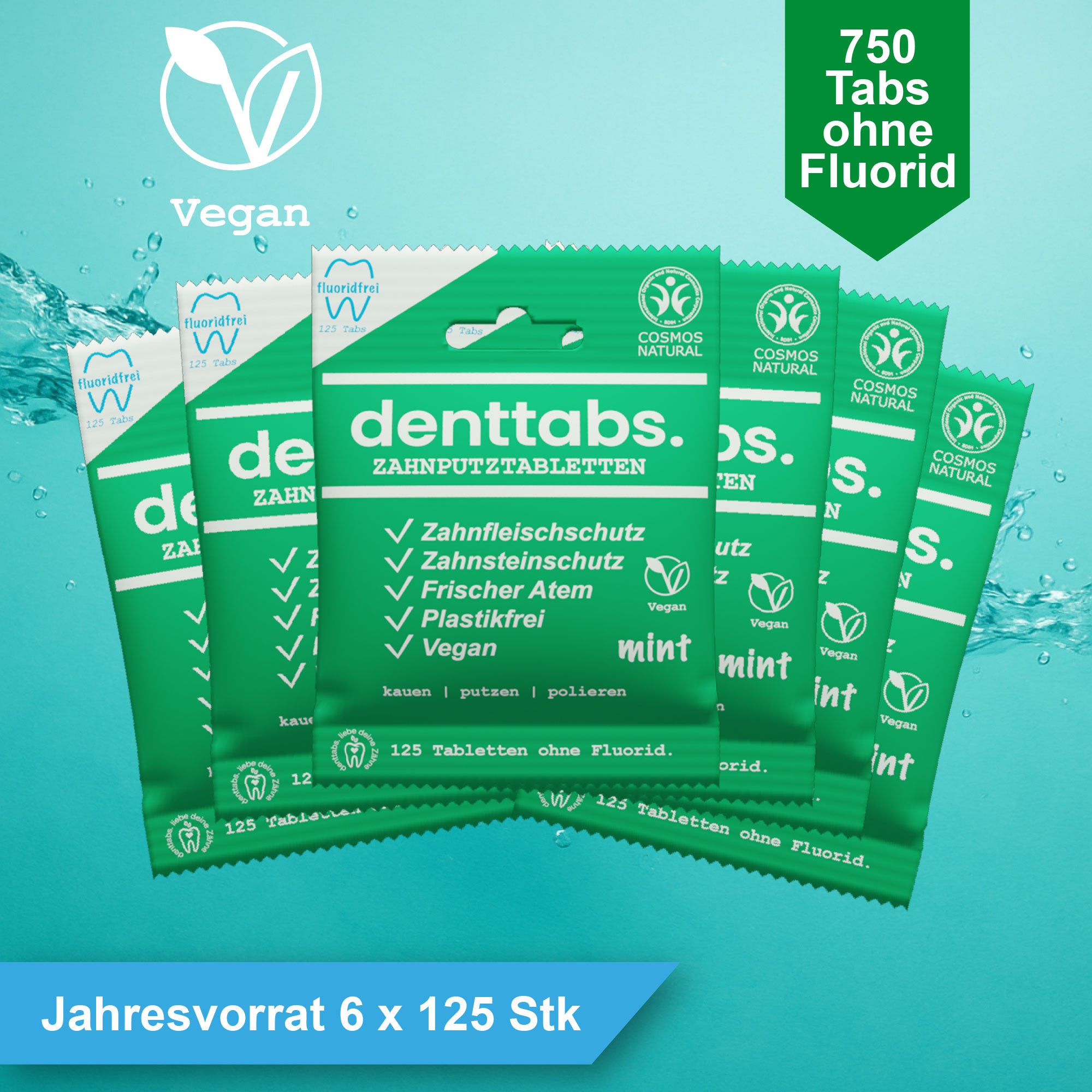 denttabs Zahnputztabletten Jahresvorrat in der kompostierbaren Tüte | Minze ohne Fluorid