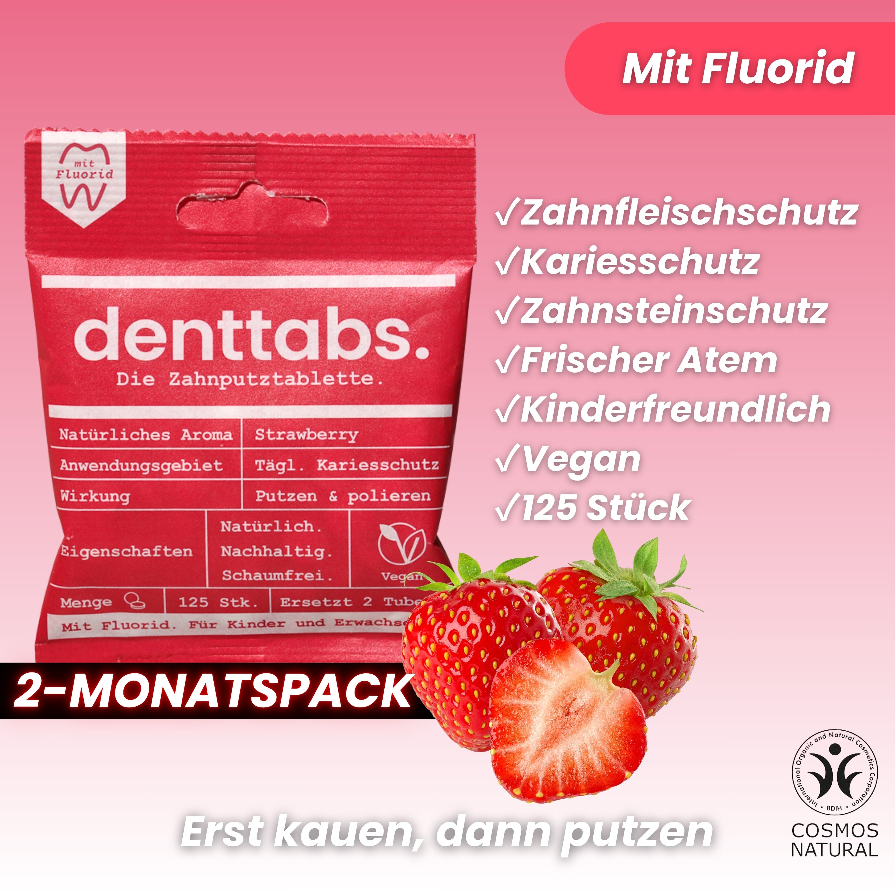 Denttabs Zahnputztabletten Strawberry mit Fluorid 125 Stk