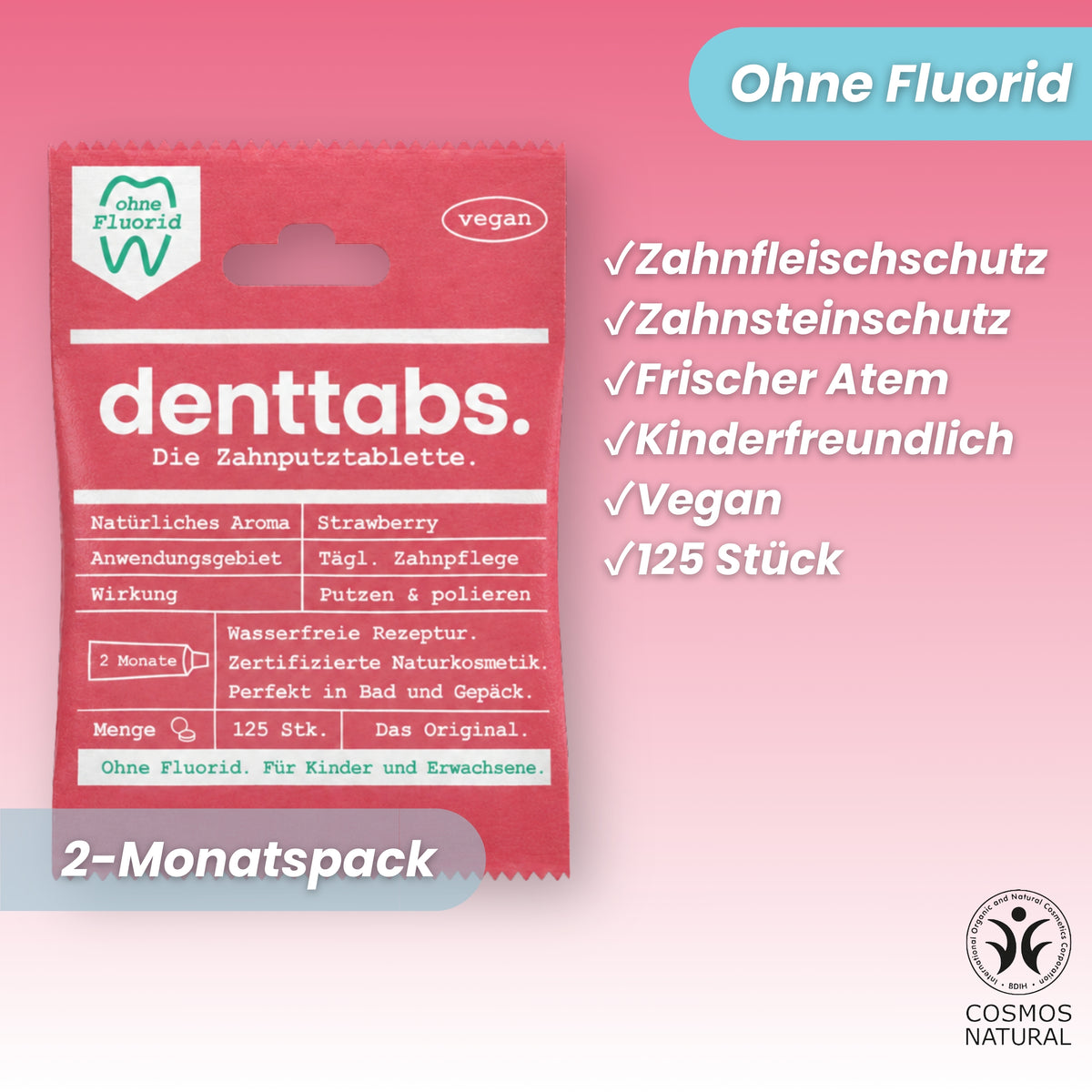 Denttabs Toothpaste Tablets Strawberry Fluoride-Free 125 pcs