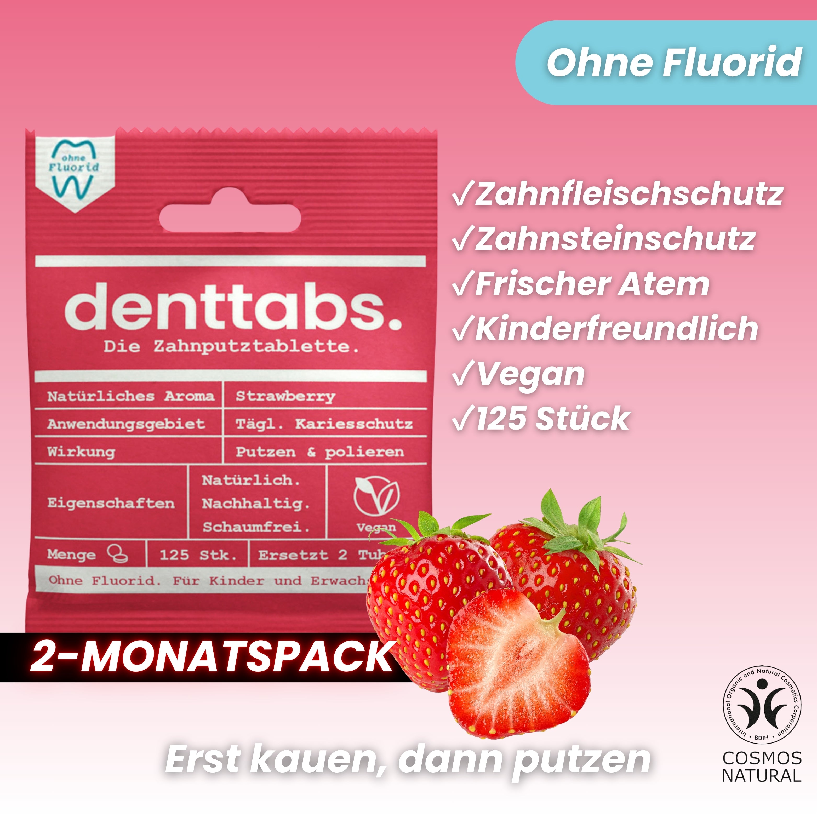 Denttabs Zahnputztabletten Strawberry ohne Fluorid 125 Stk