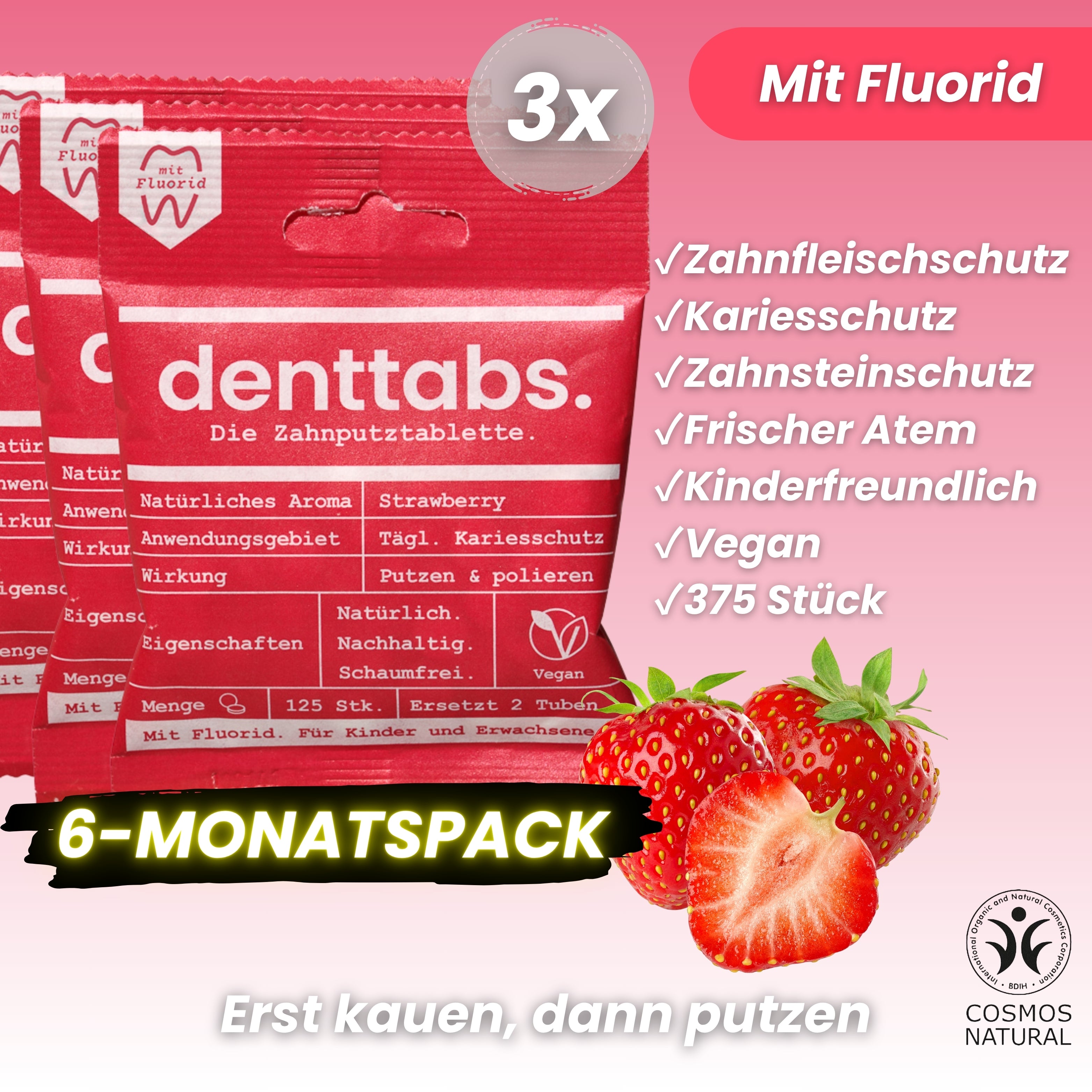 Denttabs Strawberry mit Fluorid Halbjahresvorrat