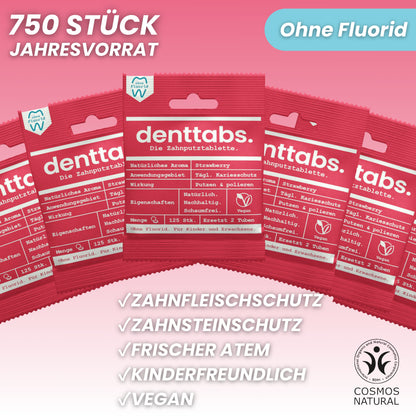 Denttabs Strawberry ohne Fluorid Jahresvorrat