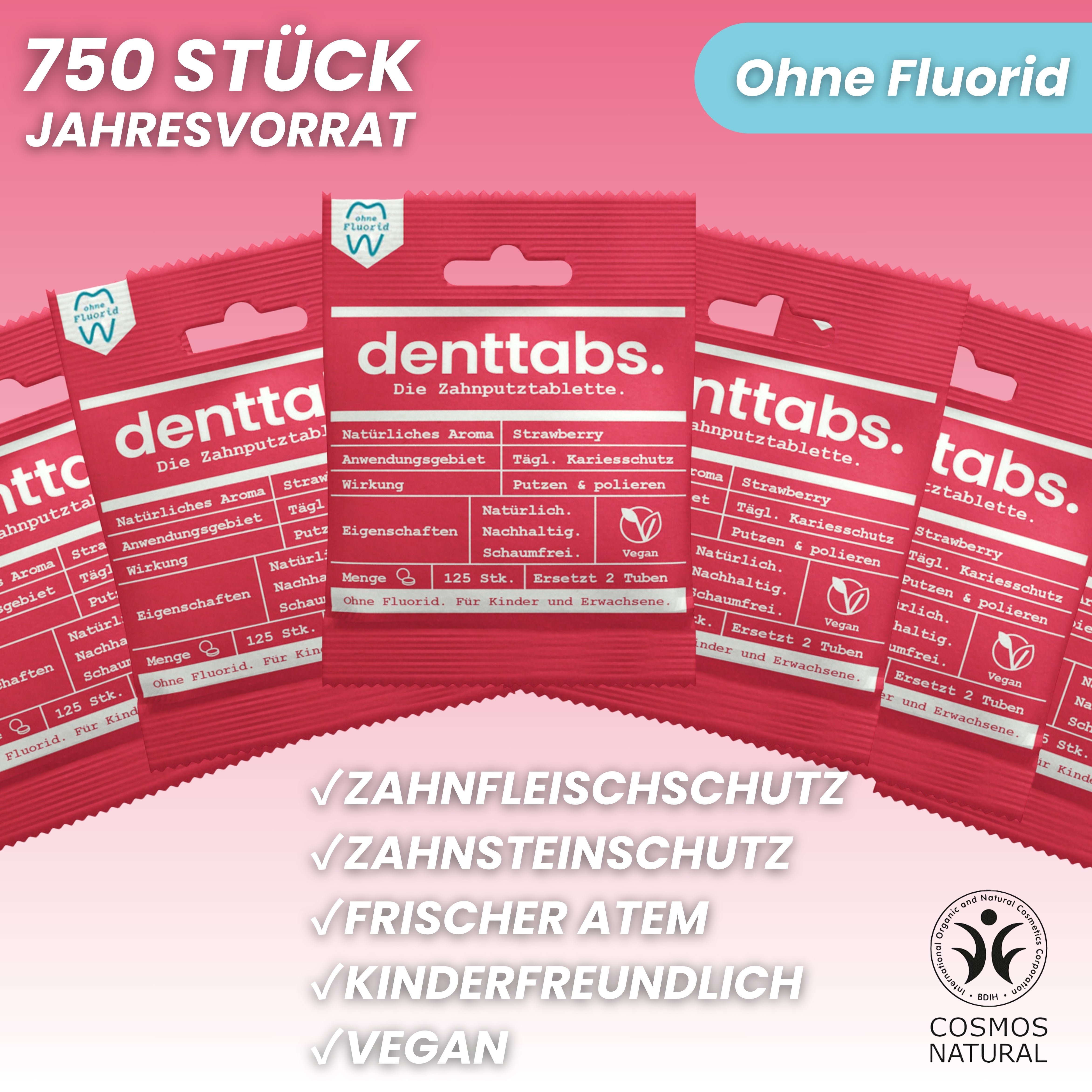 Denttabs Strawberry ohne Fluorid Jahresvorrat