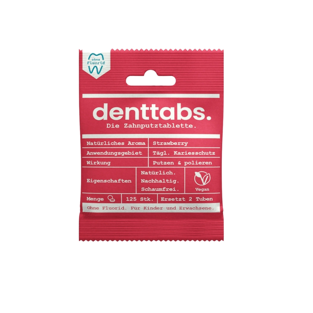 Denttabs Zahnputztabletten Strawberry fluoridfrei für nachhaltige Zahnpflege.