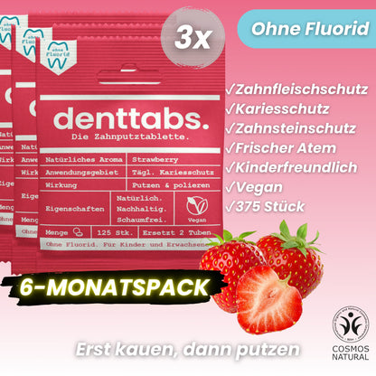 Denttabs Strawberry ohne Fluorid Halbjahresvorrat