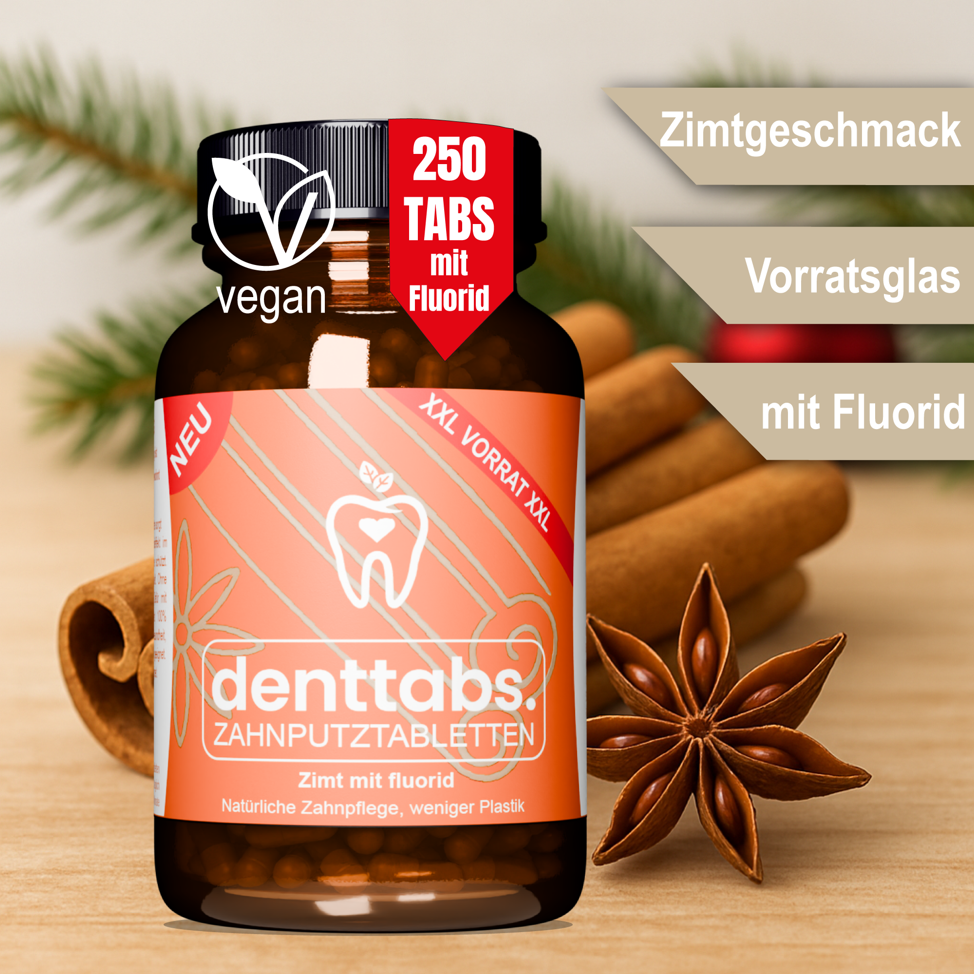 denttabs Zahnputztabletten mit leckerem Zimtgeschmack im xxl Glas 250 Stk mit Fluorid
