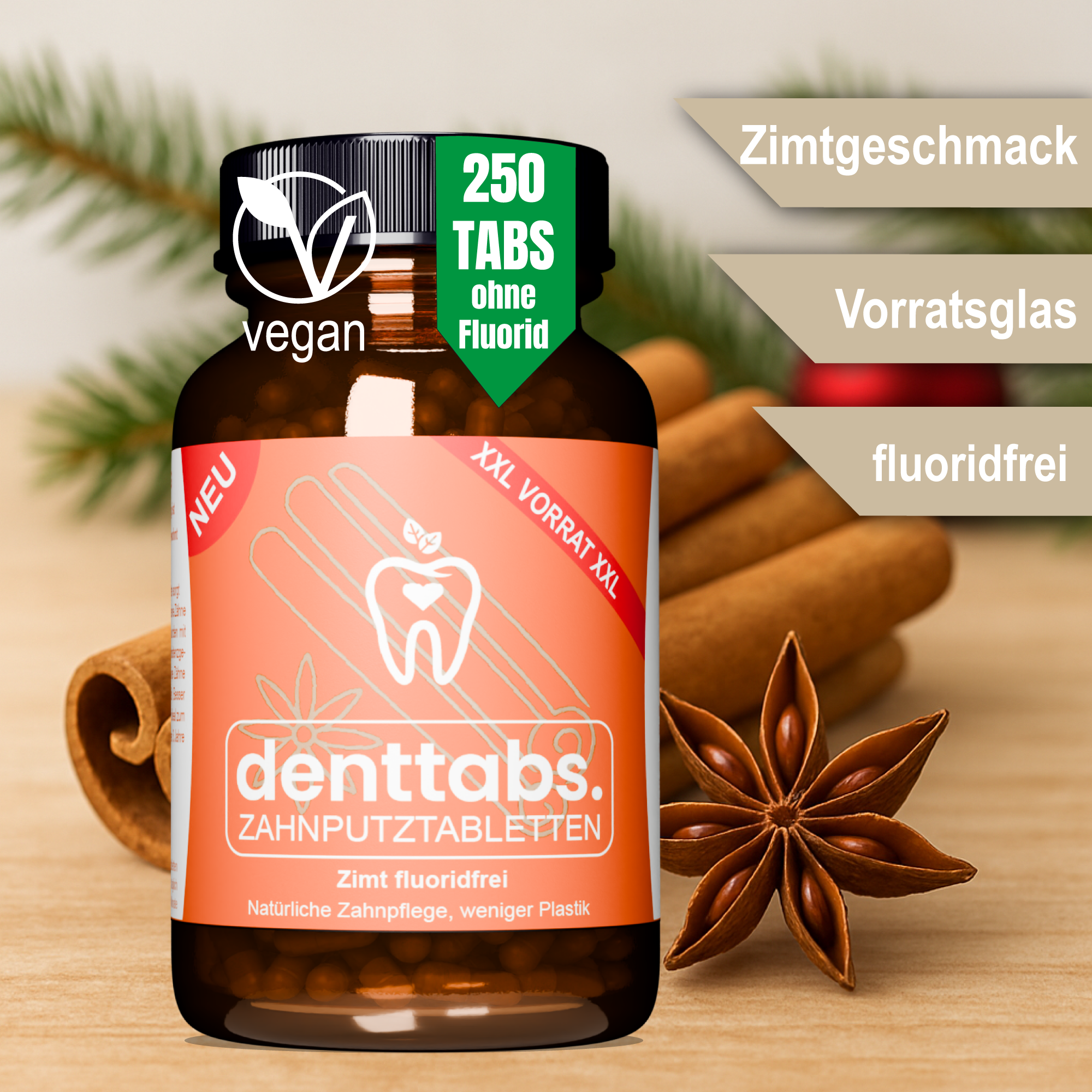denttabs Zahnputztabletten mit leckerem Zimtgeschmack im xxl Glas 250 Stk fluoridfrei